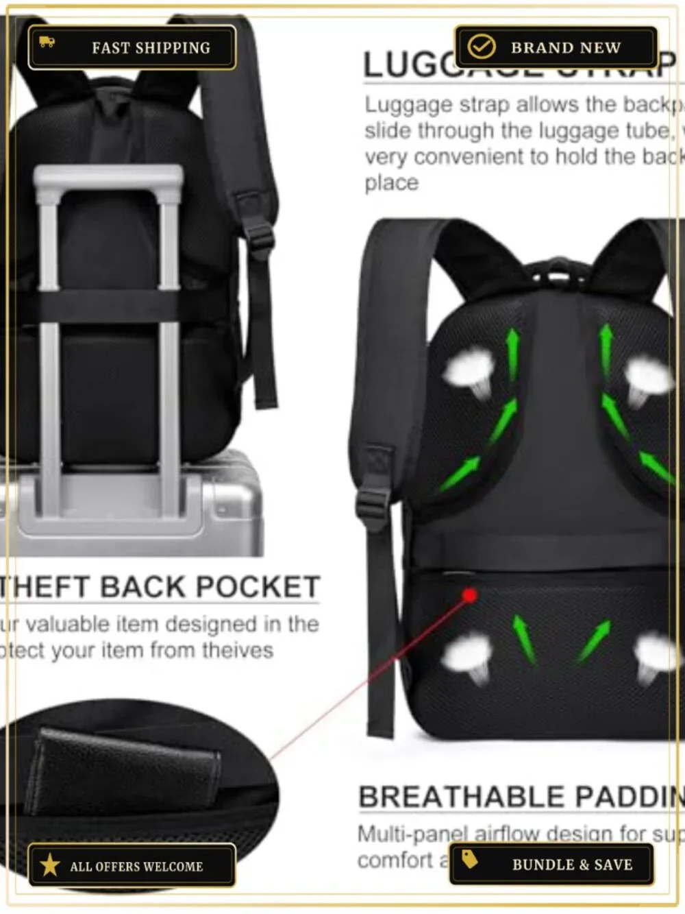 Large Capacity Travel Laptop Backpack with USB Port for Men Women College Work